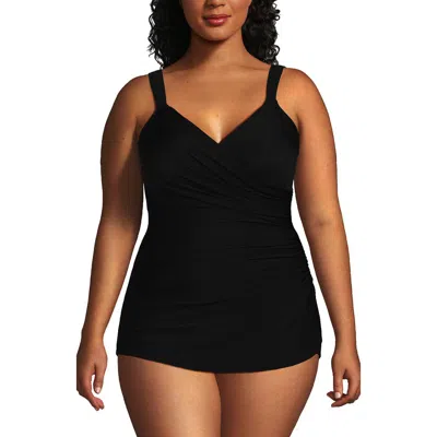 Lands' End Plus Size Long Slender V-neck Tummy Control Chlorine Resistant Skirted One Piece Swimsuit In Black