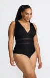 Lands' End Mesh Plunge High Leg One Piece Swimsuit In Black Ottoman