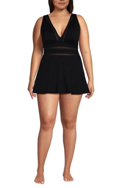 Lands' End Mesh V-neck Mini Swim Dress Swimsuit In Black