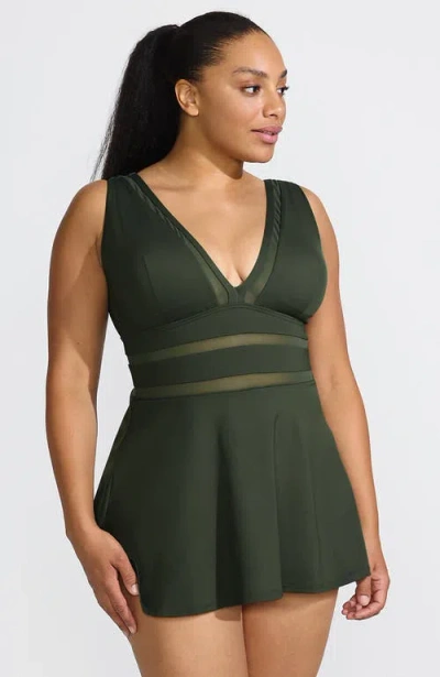 Lands' End Mesh V-neck Mini Swim Dress Swimsuit In Rich Olive Green