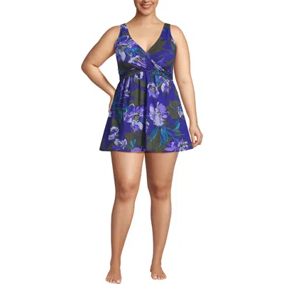 Lands' End Plus Size New Slendersuit Wrap Swim Dress Swimsuit In Blue
