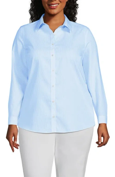 Lands' End Plus Size No Iron Button Front Shirt In Bermuda Blue Mini Stripe