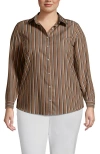 Lands' End Plus Size No Iron Button Front Shirt In Honey Beige Dual Stripe