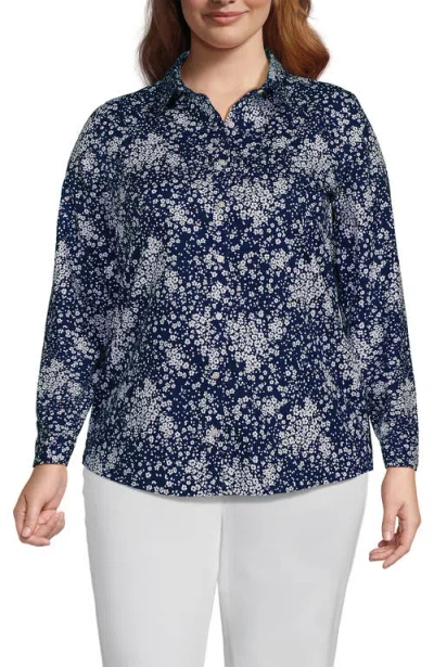 Lands' End Plus Size No Iron Button Front Shirt In Navy Meadow Ditsy Floral