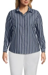 Lands' End Plus Size No Iron Button Front Shirt In Navy/white Dual Stripe