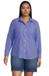 Lands' End Plus Size No Iron Button Front Shirt In Sapphire Gem Thin Stripes
