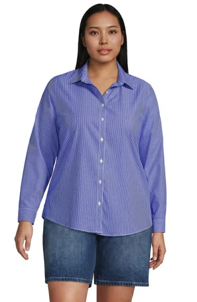 Lands' End Plus Size No Iron Button Front Shirt In Sapphire Gem Thin Stripes