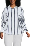 Lands' End Plus Size No Iron Button Front Shirt In White/navy Classic Stripe