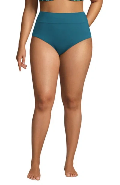 Lands' End Plus Size Pinchless High Waisted Bikini Bottoms In Blue