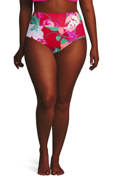 Lands' End Plus Size Pinchless High Waisted Bikini Bottoms In Coral Rose Lilies