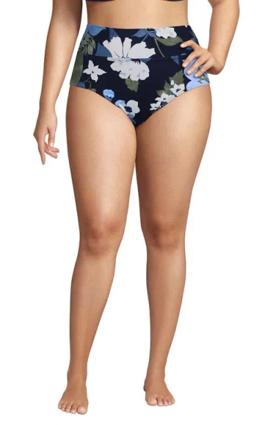 Lands' End Plus Size Pinchless High Waisted Bikini Bottoms In Deep Sea Navy Lilies