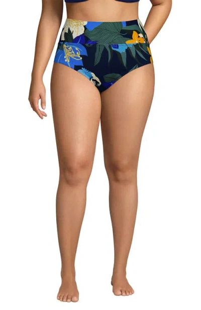 Lands' End Plus Size Pinchless High Waisted Bikini Bottoms In Navy Multi Floral Blooms