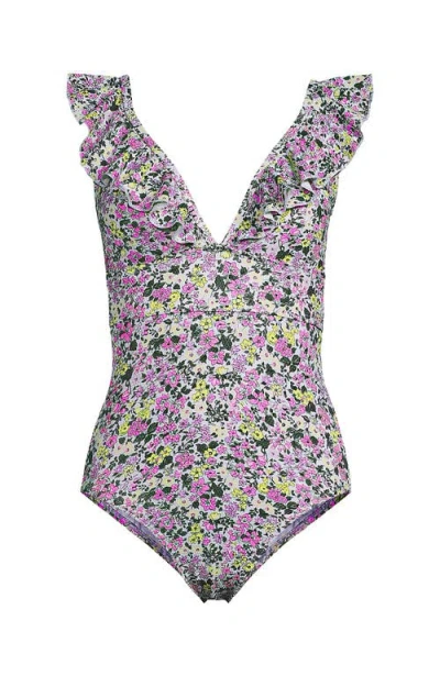 Lands' End Pique Ruffle One Piece Swimsuit In White Multi Ditsy Floral