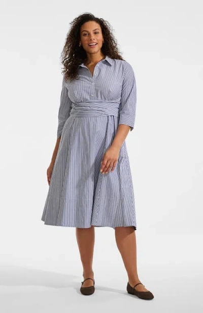 Lands' End Plus Size Poplin Midi Wrap Front Dress In Blue