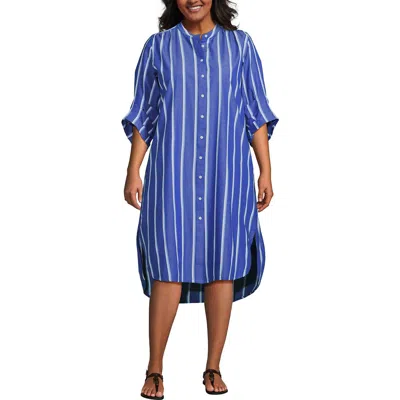 Lands' End Plus Size Poplin Oversized Puff Sleeve Midi Shirt Dress