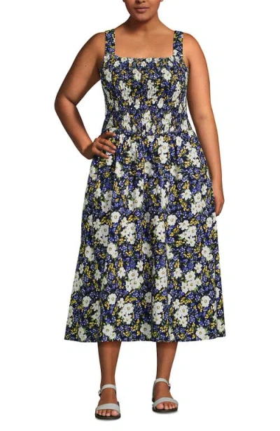 Lands' End Plus Size Poplin Smocked Bodice Midi Dress In Multi