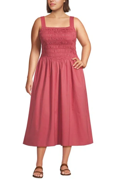 Lands' End Plus Size Poplin Smocked Bodice Midi Dress In Pink