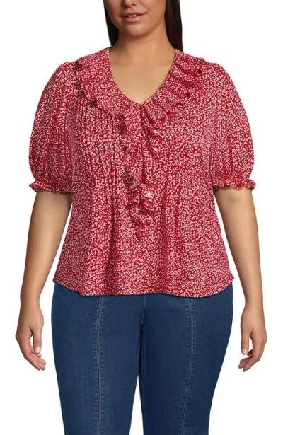 Lands' End Plus Size Puff Sleeve Slub Ruffle Pintuck Top In Multi