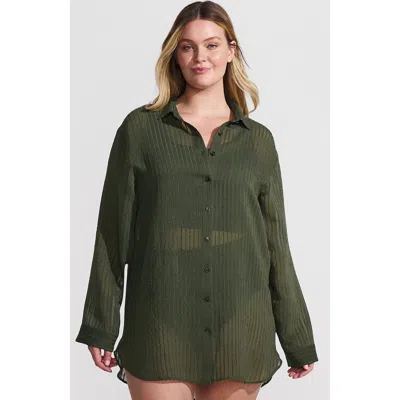 Lands' End Plus Size Rayon Rib Button Down Cover-up In Rich Olive Green