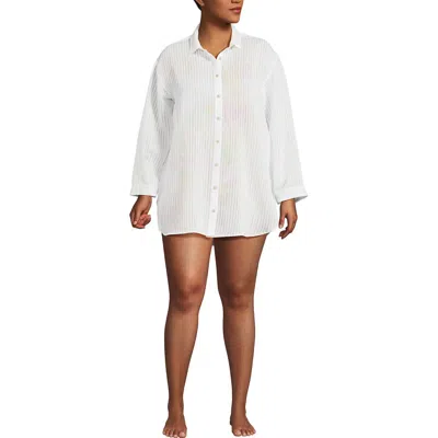 Lands' End Plus Size Rayon Rib Button Down Cover-up In White