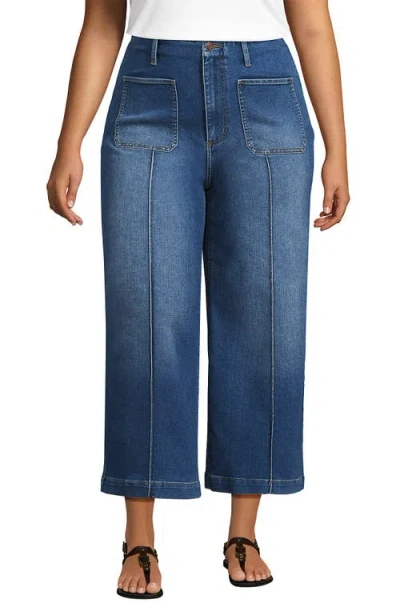 Lands' End Plus Size Recover Denim High Rise Patch Pocket Extra Wide Leg Crop Jeans In Blue