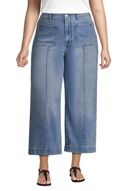 Lands' End Plus Size Recover Denim High Rise Patch Pocket Extra Wide Leg Crop Jeans In Blue
