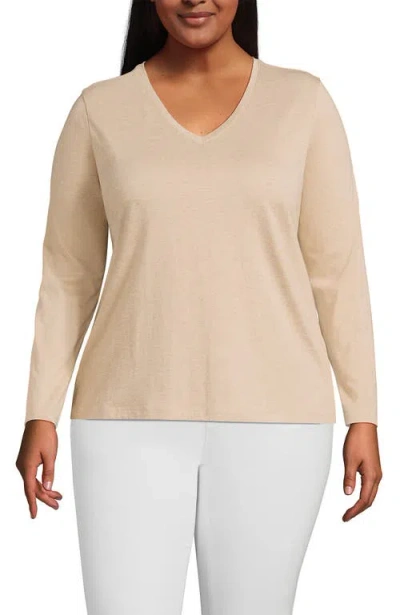 Lands' End Plus Size Relaxed Supima Cotton Long Sleeve V-neck T-shirt In French Pecan Heather