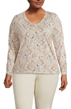 Lands' End Plus Size Relaxed Supima Cotton Long Sleeve V-neck T-shirt In Ivory Wildflowers