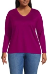 Lands' End Plus Size Relaxed Supima Cotton Long Sleeve V-neck T-shirt In Vivid Berry Pink