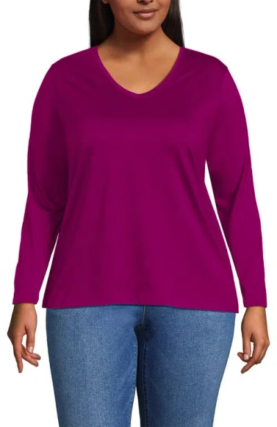 Lands' End Plus Size Relaxed Supima Cotton Long Sleeve V-neck T-shirt In Vivid Berry Pink