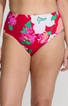 Lands' End Ribbed Smoothing High Waisted Bikini Bottoms In Coral Rose Lilies