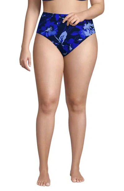 Lands' End Ribbed Smoothing High Waisted Bikini Bottoms In Deep Sea Navy Abstract Floral