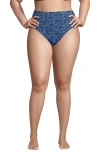 Lands' End Ribbed Smoothing High Waisted Bikini Bottoms In Navy/cloud Blue Ditsy Lilies