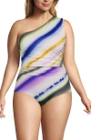 Lands' End Ruched One Shoulder Midkini Swimsuit Top In Egret White Ombre Stripes