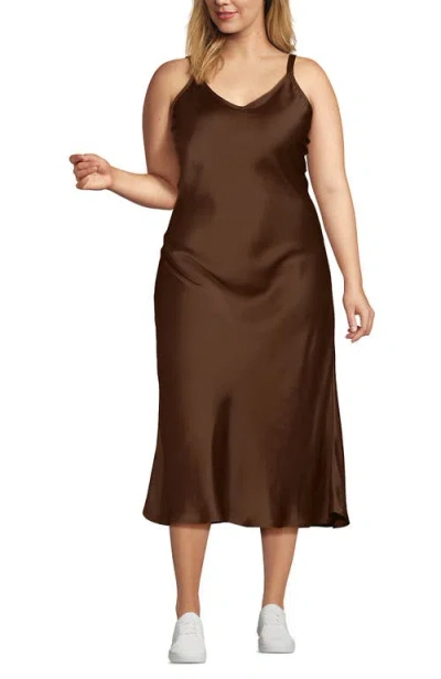 Lands' End Plus Size Satin Slip Dress In Brown