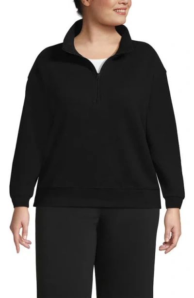Lands' End Plus Size Serious Sweats Relaxed Quarter Zip Pullover Sweatshirt In Black