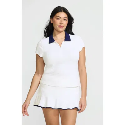 Lands' End Plus Size Short Sleeve Pique Johnny Collar Upf 50 Rash Guard In White/deep Sea Navy
