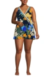 Lands' End Side Tie Mini Swim Dress Swimsuit In Navy Floral Blooms Border