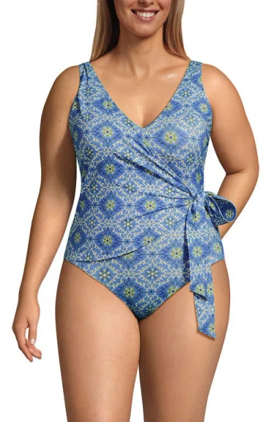 Lands' End Plus Size Side Tie Wrap One Piece Swimsuit In Blue