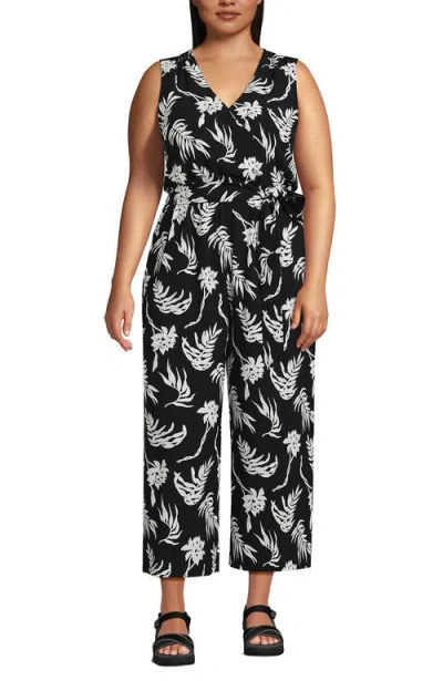 Lands' End Plus Size Sleeveless Creaseless Wrap Jumpsuit With Smocked Waist In Black