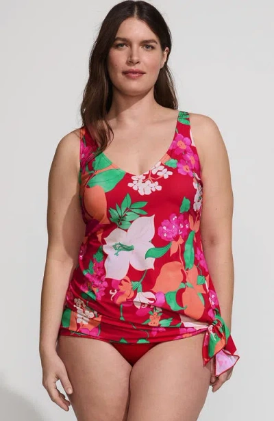Lands' End Slender Suit Fauxkini One Piece Swimsuit In Coral Rose Lilies