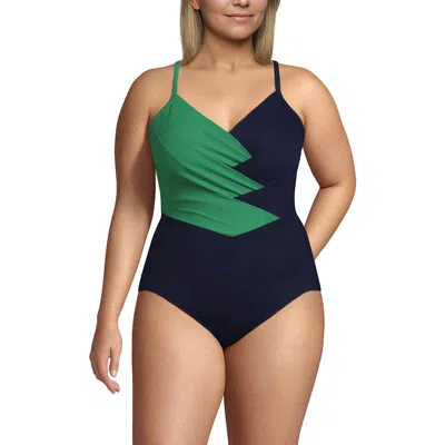 Lands' End Plus Size Slender Suit Pleated Low Leg One Piece Swimsuit In Multi