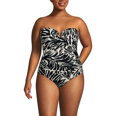 Lands' End Plus Size Slender Suit U-wire Bandeau One Piece Swimsuit In Black/egret White Leaf Scroll