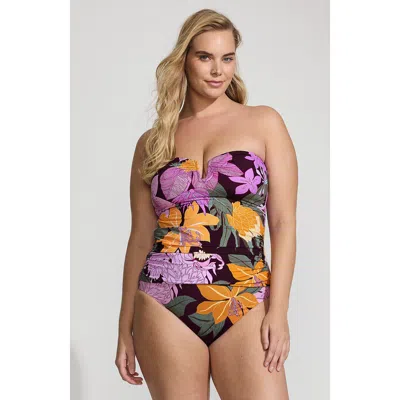 Lands' End Slender Bandeau U-wire Tankini Swimsuit Top In Dark Wine Multi Floral Blooms