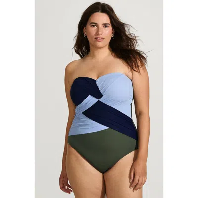 Lands' End Slender Suit Shine Bandeau Tummy Control Chlorine Resistant High Leg One Piece Swimsuit In Navy/cloud Blue/olive Green