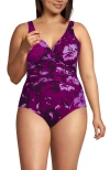 Lands' End Slender Suit Wrap One Piece Swimsuit In Crimson Rose Abstract Floral