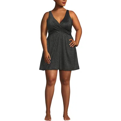 Lands' End Slendersuit V-neck Wrap Swim Dress One Piece Swimsuit Adjustable Straps In Black Shine