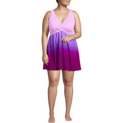 Lands' End Slendersuit V-neck Wrap Swim Dress One Piece Swimsuit Adjustable Straps In Crimson Rose/purple Ombre