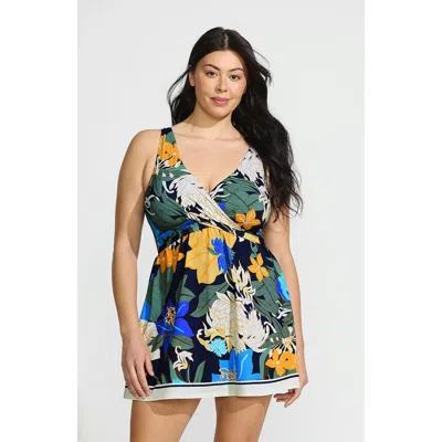 Lands' End Plus Size Slender Suit Wrap Swim Dress Swimsuit In Navy Floral Blooms Border