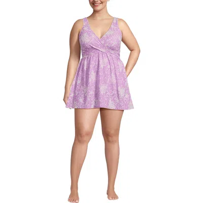 Lands' End Slendersuit V-neck Wrap Swim Dress One Piece Swimsuit Adjustable Straps In Wild Lilac Meadow Ditsy Floral